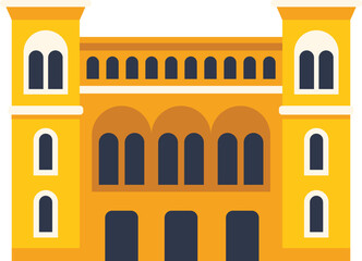 Poster - flat vector illustration featuring a large yellow building with arches, towers, and many windows
