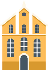 Poster - illustration featuring a large yellow building with arched and square windows, suitable for projects