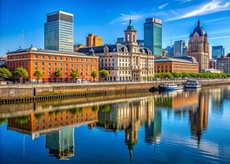 Sticker - Stunning Product Photography of Darsena Sur with Ministry of Defense in Background, Showcasing the Beauty of Puerto Madero under a Clear Blue Sky, Buenos Aires, Argentina