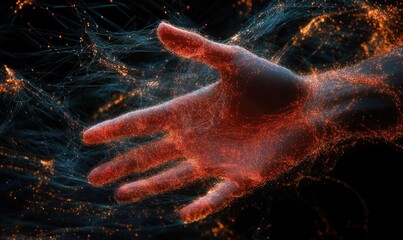 Wall Mural - a glowing hand amidst swirling particles, symbolizing connection and energy.