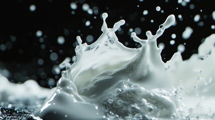 Poster - Dynamic milk splash action studio setting high-speed photography dark background close-up view liquid motion concept for seo impact