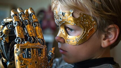 Poster - A young boy explores his surroundings while wearing a unique gold robotic mask and mechanical hands, showcasing a blend of imagination and technology in a well-lit environment.