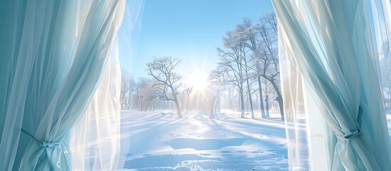 Wall Mural - A bright winter morning view through a window with light blue curtains framing the sides and white tulle curtains open to reveal a sunny park and clear blue sky.