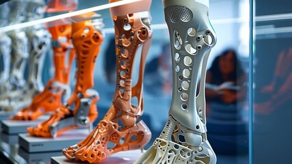 Poster - A collection of 3D-printed prosthetic legs is showcased at a technology exhibition, highlighting cutting-edge design and advancements in enhancing human mobility.
