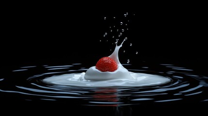Poster - Droplet impact action strawberry and cream splash dark background food photography artistic concept high-definition imagery