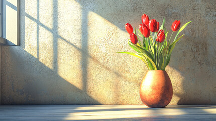 Wall Mural - cluster of red tulips in simple cylindrical vase, brightening sunlit room with soft shadows. warm tones create welcoming atmosphere