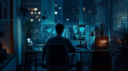 Poster - Late night coding session urban apartment digital workspace nighttime focused viewpoint technology and creativity unleashed