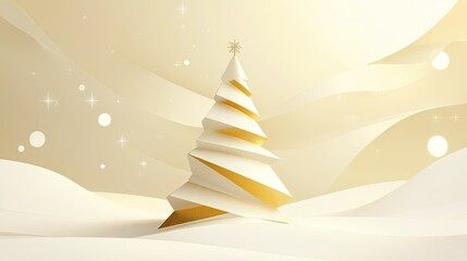 Poster - Minimalist holiday greeting card with a stylized geometric tree in white and gold, conveying timeless elegance.