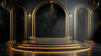 Aufkleber - Opulent stage in black and gold tones, highlighted by glowing arcs and regal design.