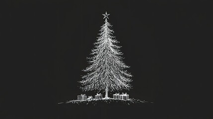 Fototapete - Subtle and modern Christmas tree sketch in white with minimal gifts drawn at the base over black.