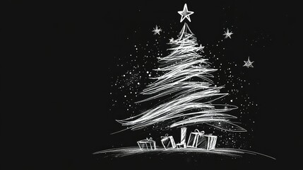 Fototapete - Subtle and modern Christmas tree sketch in white with minimal gifts drawn at the base over black.