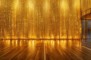 Wall Mural - A golden curtain on the stage, empty background, high resolution, professional photograph, Super-resolution color grading,