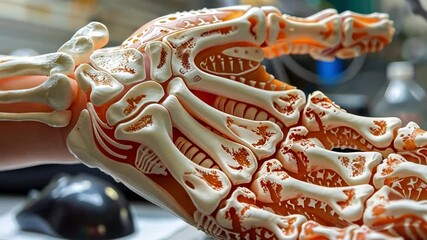 Leinwandbilder - A detailed model of a human hand skeleton is placed on a table in a laboratory. Surrounding it are various scientific tools and equipment, showcasing an educational environment focused on anatomy.