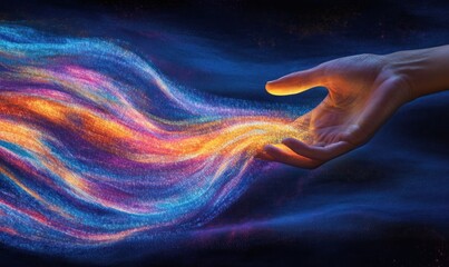Wall Mural - a hand releasing vibrant, swirling energy in a cosmic background.