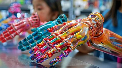 Poster - At a technology exhibition, vibrant prosthetic hands are displayed prominently, showcasing innovation in assistive devices designed for both children and adults, with curious onlookers nearby.