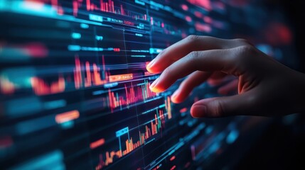 Poster - hand interacting with futuristic data screen stock market analysis technology finance