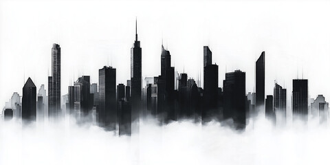 Abstract Monochrome Skyline Featuring High-Tech Architecture and Foggy Depths