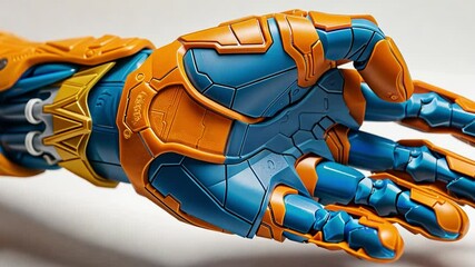 Poster - An advanced robotic hand is displayed against a neutral backdrop, featuring intricate mechanical details and a striking orange and blue color scheme, highlighting modern engineering techniques.