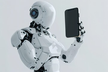 Poster - A robot is holding a cell phone in its hand