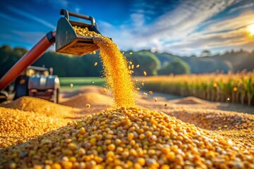 Wall Mural - Tilt-Shift Photography of Yellow Corn Being Poured from a Machine in a Circular Motion, Creating a Large Pile of Corn on the Ground in a Stunning Generative AI Illustration