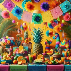 Poster - tropical fiesta vibrant celebration with colorful papel picado p