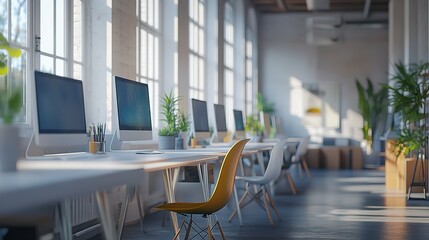Poster - A large open office space with a lot of white furniture and plants