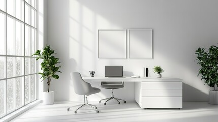 Poster - A white office with a desk and chair, a computer, and two potted plants