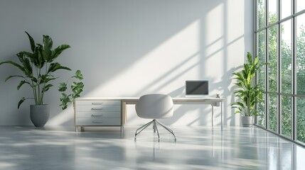 Poster - A clean and organized office space with a white desk and chair, a laptop
