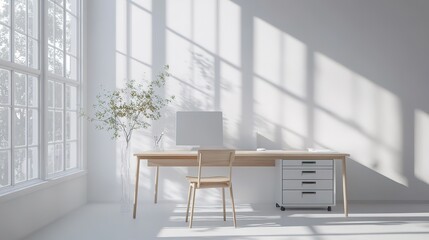 Poster - A white room with a desk and chair, and a vase of flowers on it