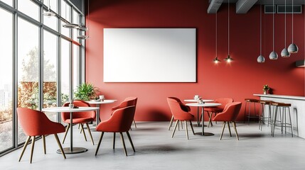 Poster - A restaurant with red walls and white chairs