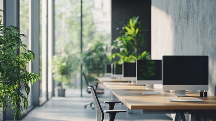 Poster - A row of computer desks with a plant in the corner