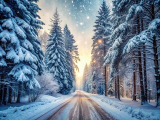 Poster - Tranquil Snow-Covered Forest Road in Slow Motion During Heavy Snowfall on a Calm Winter Day, Perfect for Capturing the Essence of Winter Beauty and Serenity