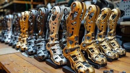Aufkleber - A row of meticulously crafted mechanical prosthetic limbs is arranged in a workshop, highlighting advanced technology and skilled craftsmanship in rehabilitation devices.