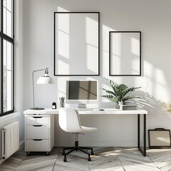 Poster - A white office with a desk and chair, a computer monitor, and a plant