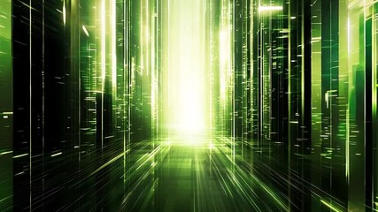 Glowing Green Digital Forest with Bright Light at the End