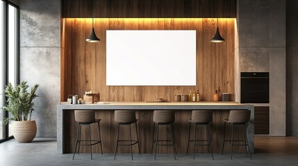Poster - A modern kitchen with a white wall and wooden counters