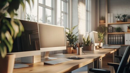 Poster - A computer workstation with two monitors, a keyboard, and a mouse
