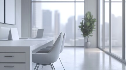 Poster - A white office with a large window and a potted plant