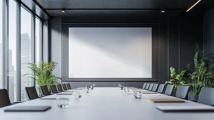 Poster - A large empty conference room with a projector screen and a large potted plant