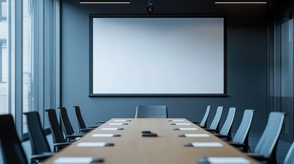 Poster - A large conference room with a white board and a row of chairs