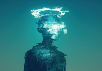 Poster - Surreal Digital Portrait of a Person with a Translucent Head and Glowing Elements, Representing the Intersection of Humanity and Technology in a Futuristic Environment