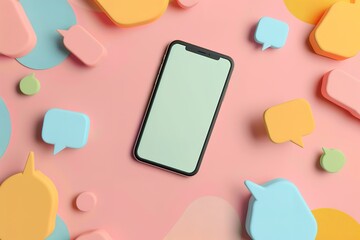 Poster - A phone is on a pink background with many colorful speech bubbles surrounding it