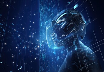 Poster - Futuristic Cybernetic Human Silhouette with High-Tech HUD Elements and Digital Particles in a Dark, Abstract Background