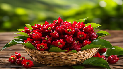 Poster - A vibrant basket overflowing with red flowers and green leaves, set against a blurred natural backdrop