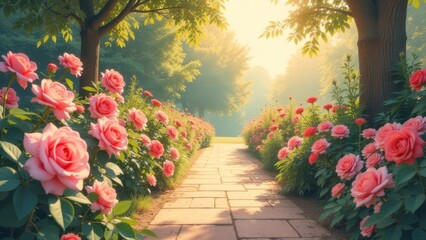 Poster - A path lined with pink flowers leads to a garden