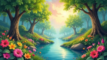 Poster - A beautiful painting of a river with trees and flowers on either side