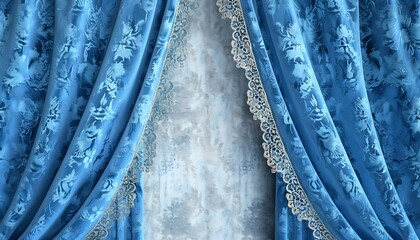 Wall Mural - Beautiful blue velvet curtains with lace edges and detailed patterns, hanging from three elements against a light wallpaper background. Ideal for interior design marketing.