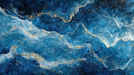 Wall Mural - abstract artwork depicting dynamic blue waves with golden accents.