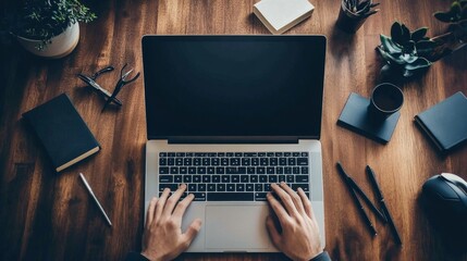 Poster - Productive work session home office digital workstation cozy environment top-down view focus on technology and lifestyle
