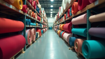Poster - A large warehouse with many rolls of fabric on shelves.